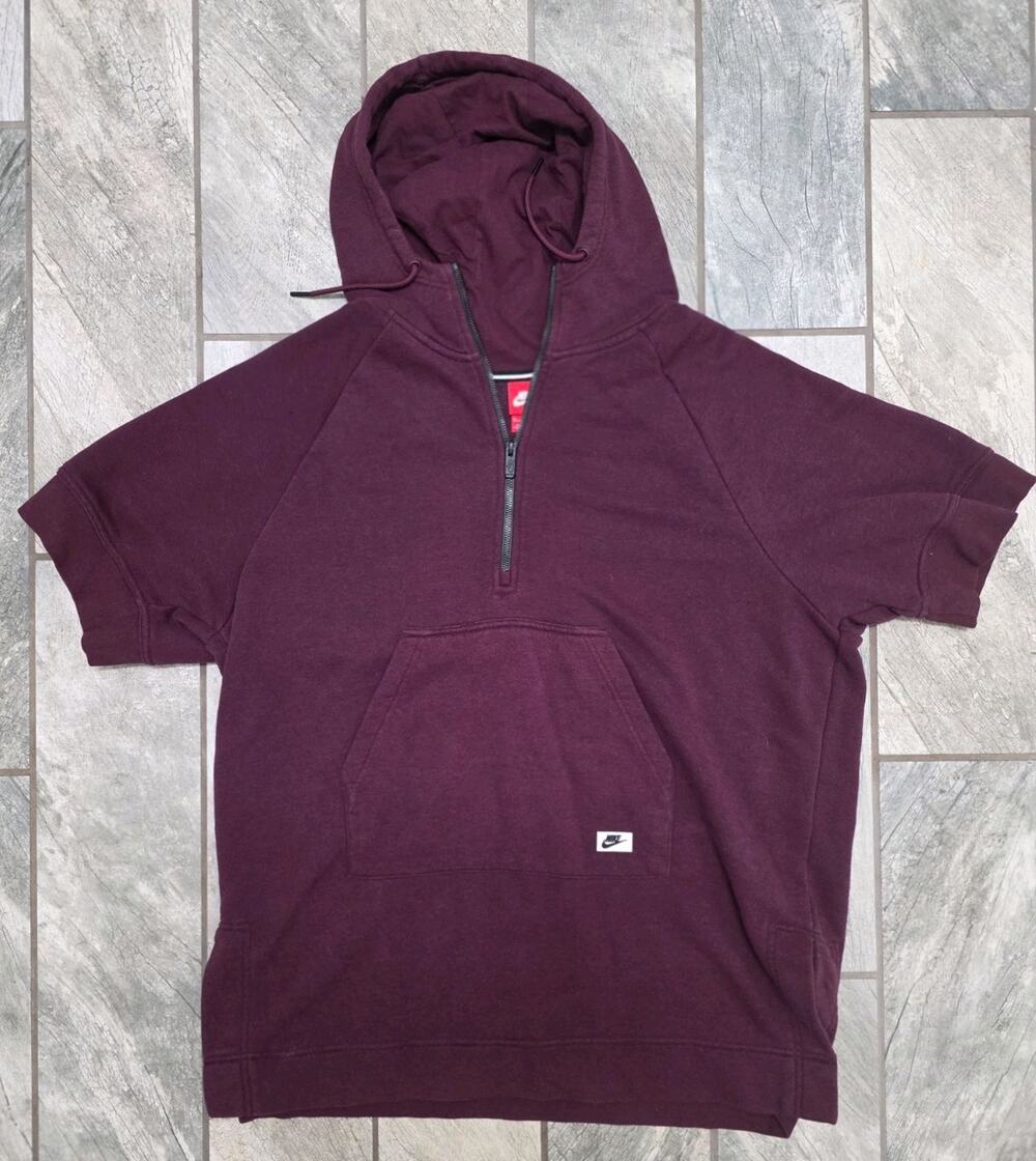 Nike Hoodie Mens Medium Burgundy Short Sleeve 1/4 Zip Pullover Pocket